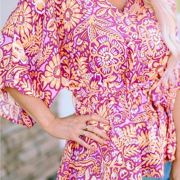 Boho Floral Print Belted Surplice Blouse Bohemian Top - Picture 8 of 15